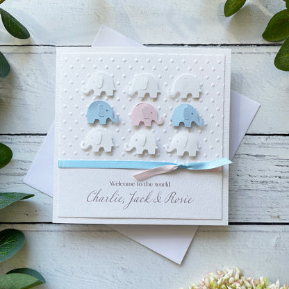 Personalised Handmade Elephant New Baby Triplets Card