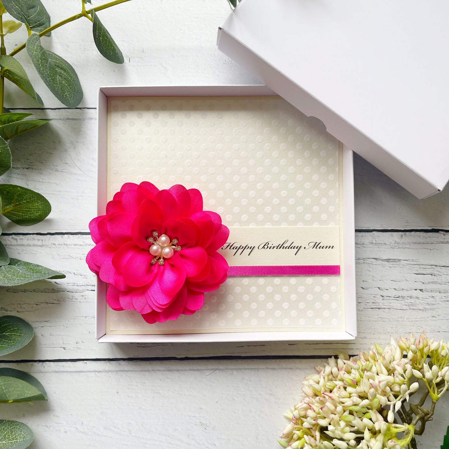 Handmade Floral Birthday Card For Her - Fuchsia and Polka Dot