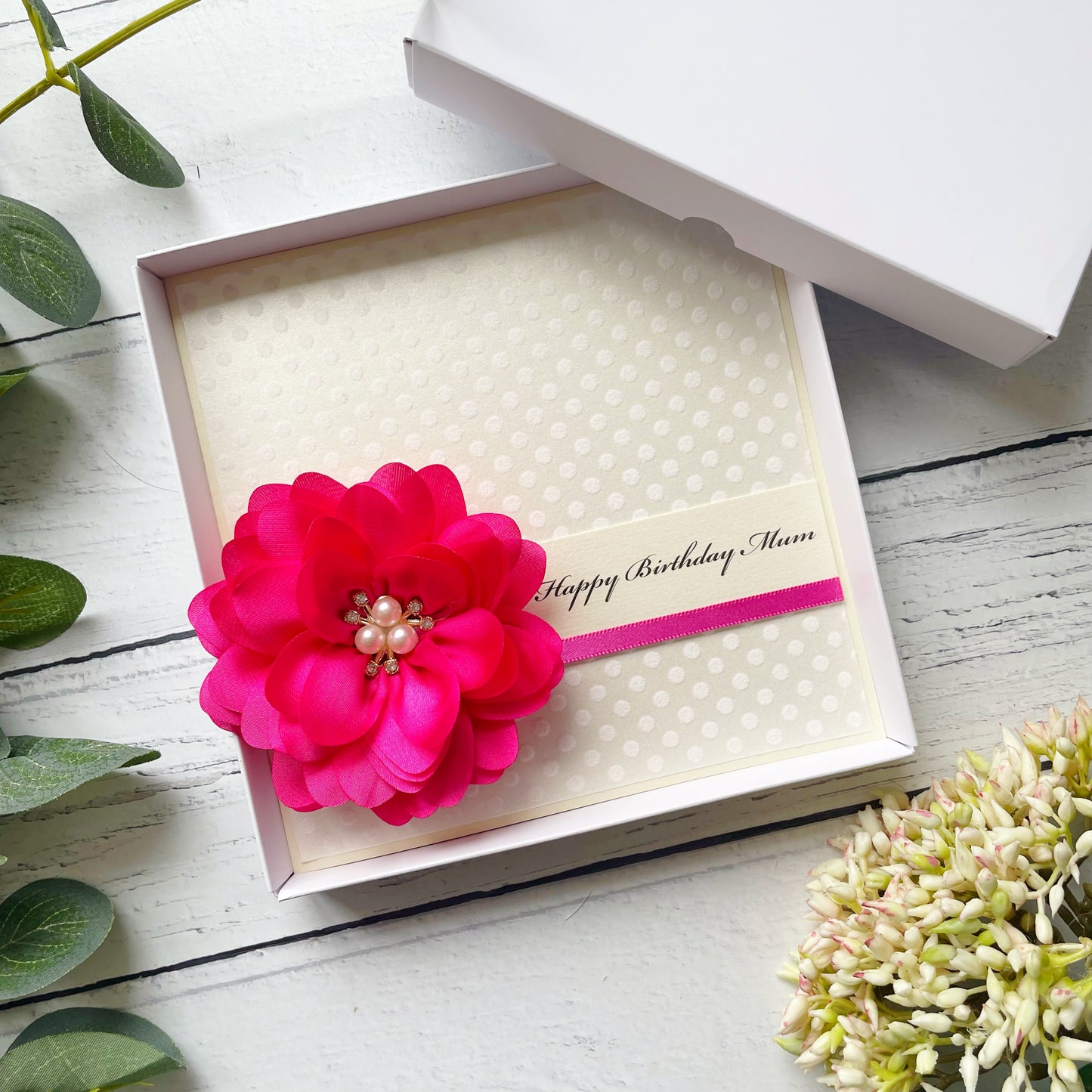 Handmade Floral Birthday Card For Her - Fuchsia and Polka Dot