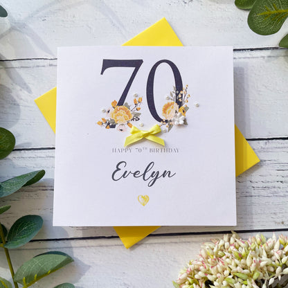 Personalised Floral Number 70th Birthday Card - Bright Yellow