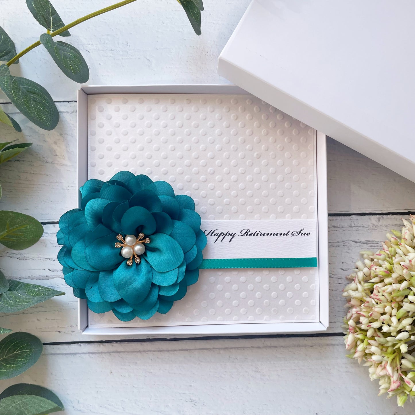 Personalised Retirement Card - Polka Dot and Teal Flower Design