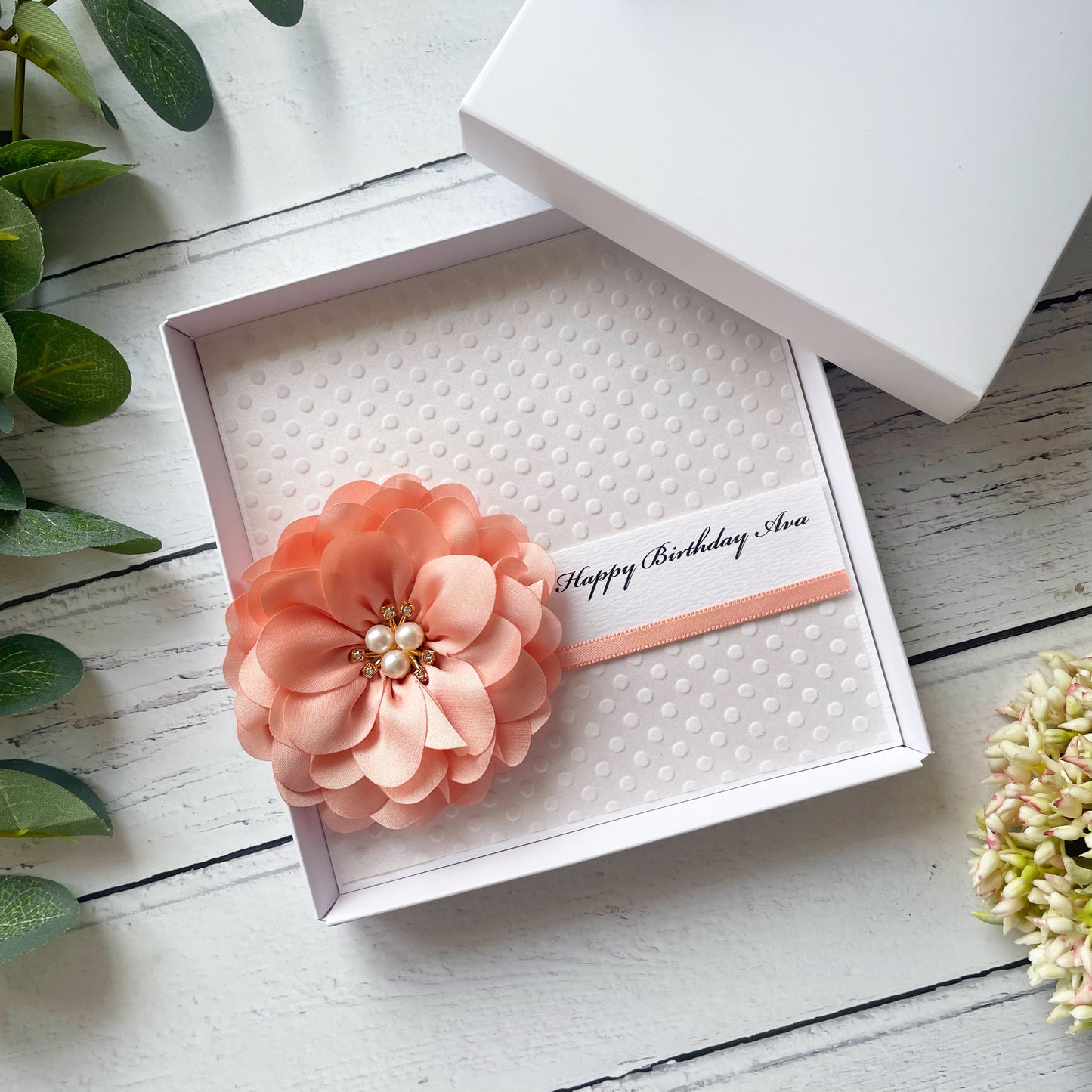 Peach Flower Polka Dot Card - Personalised