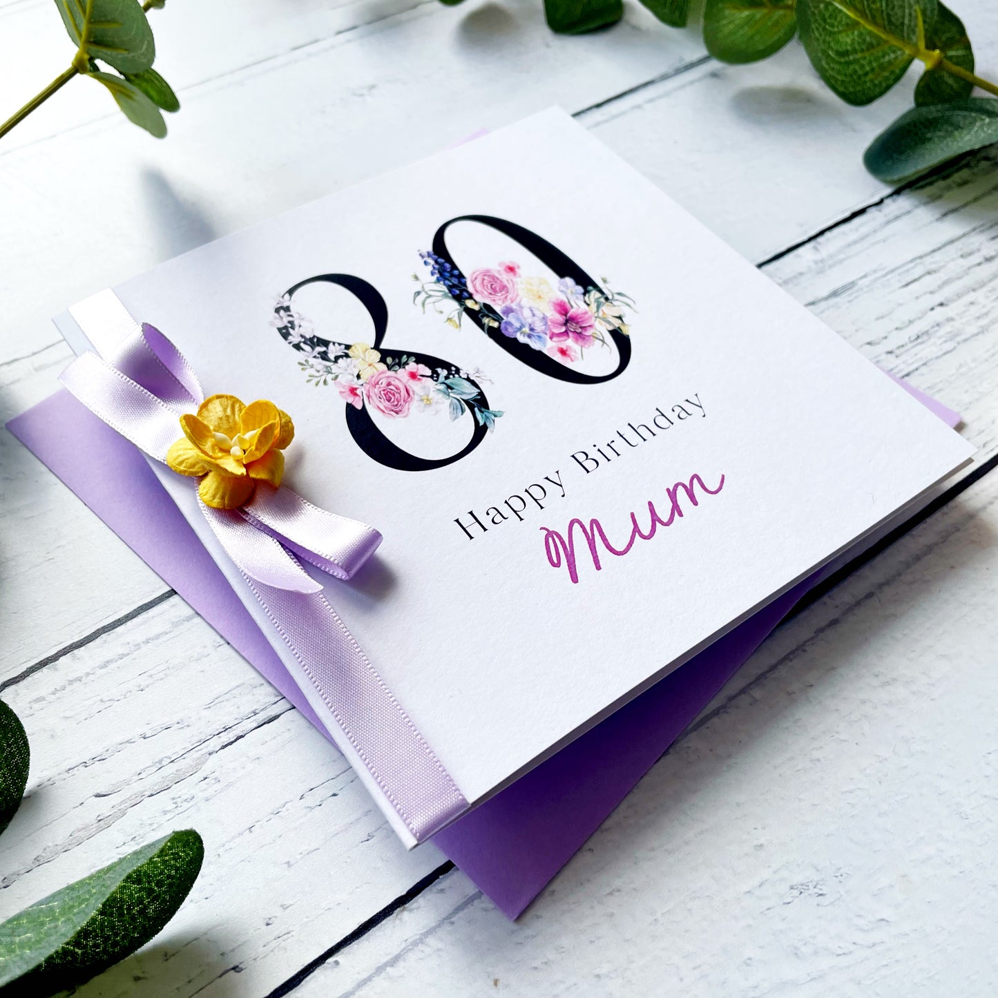 Personalised Floral Number 80th Birthday Card - Lilac & Yellow