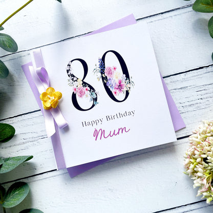 Personalised Floral Number 80th Birthday Card - Lilac & Yellow