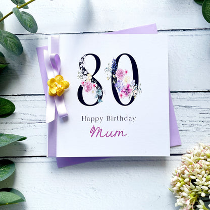 Personalised Floral Number 80th Birthday Card - Lilac & Yellow