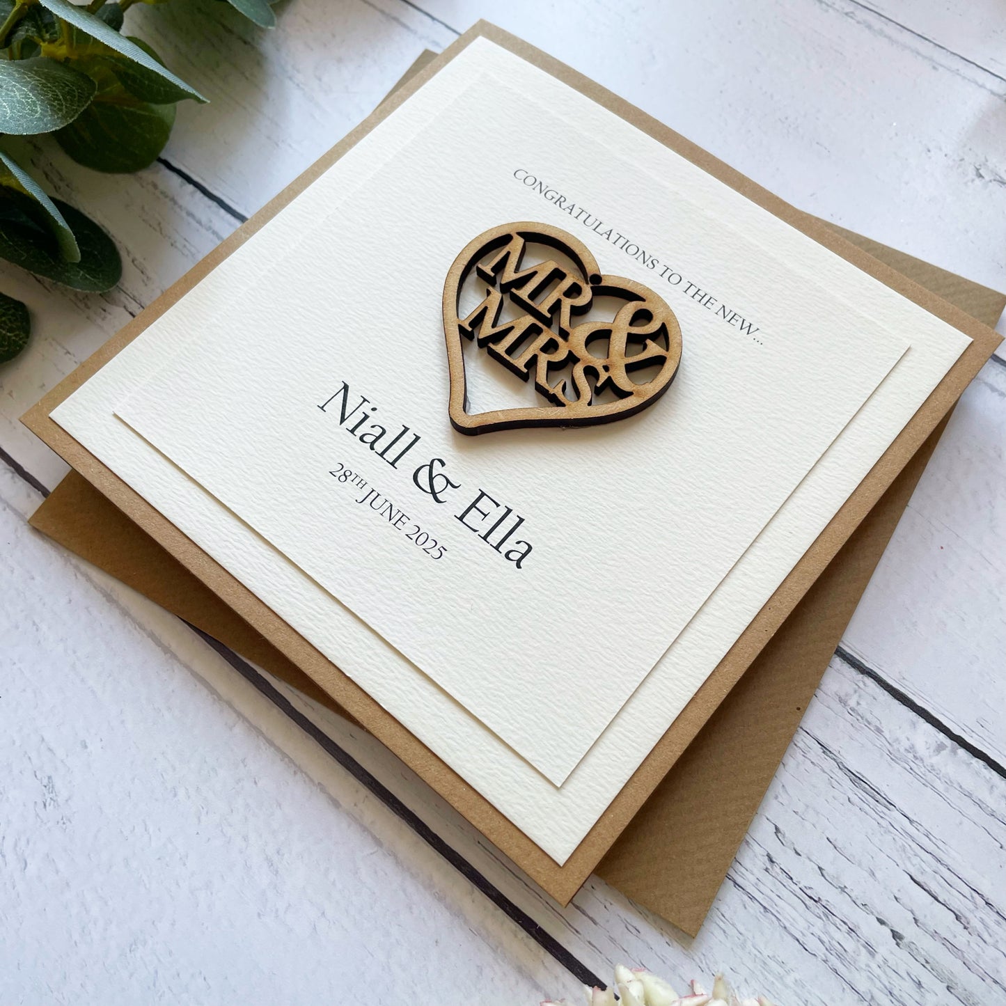 Personalised Rustic Wedding Card: Mr & Mrs Wooden Heart