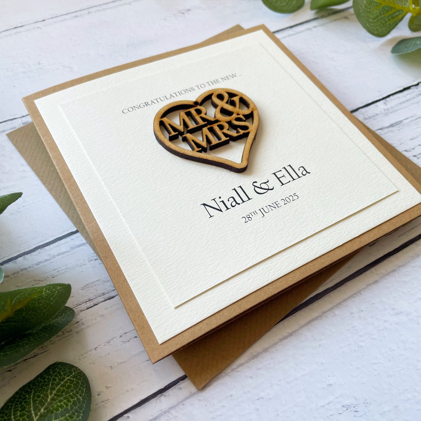Personalised Rustic Wedding Card: Mr & Mrs Wooden Heart