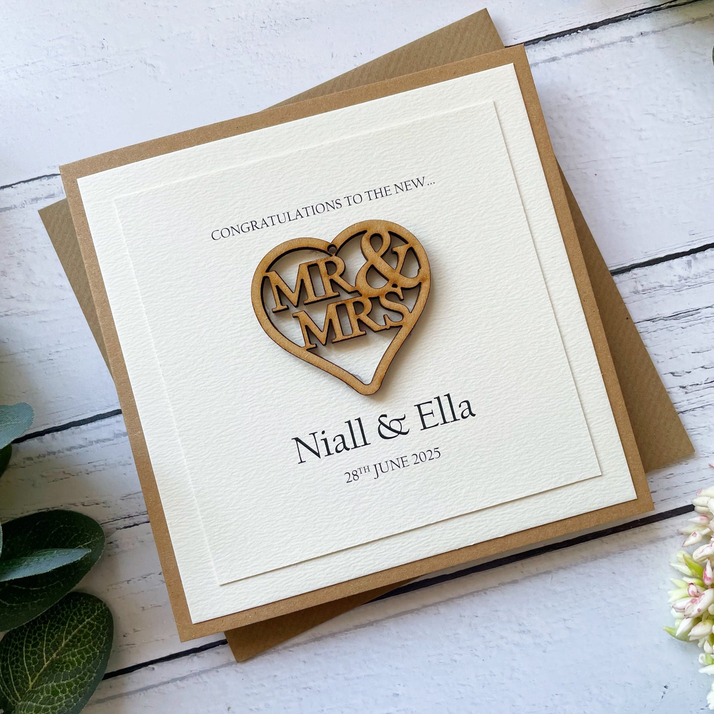Personalised Rustic Wedding Card: Mr & Mrs Wooden Heart