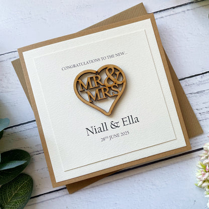 Personalised Rustic Wedding Card: Mr & Mrs Wooden Heart