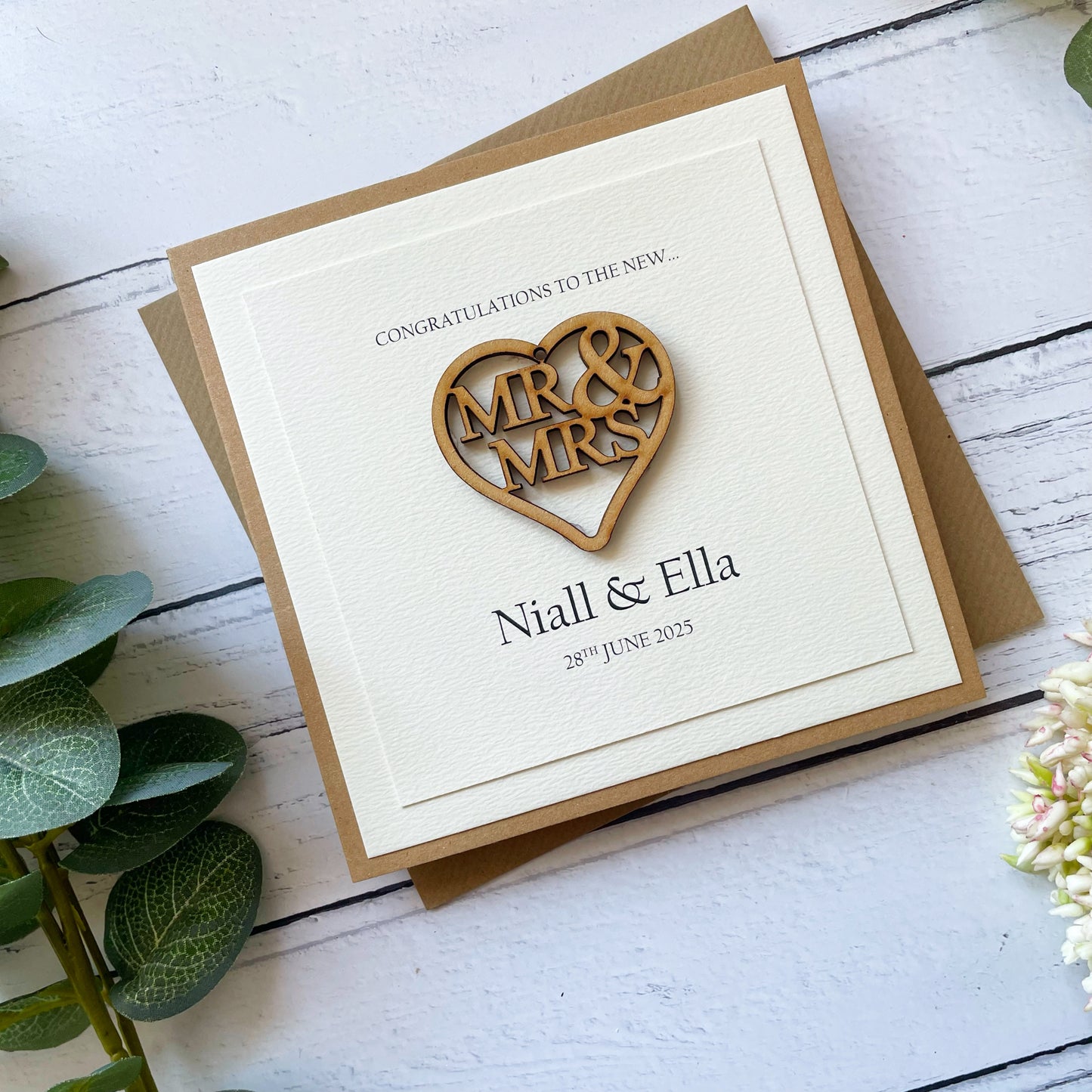 Personalised Rustic Wedding Card: Mr & Mrs Wooden Heart