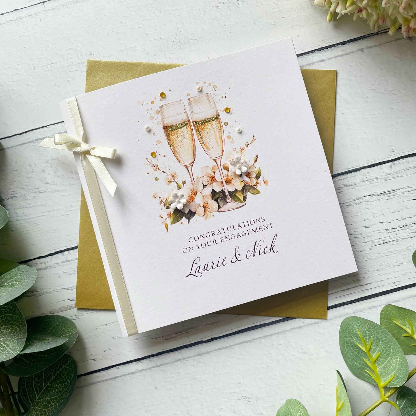 Handmade Engagement Card. Personalised. Romantic Champagne Flute Design.