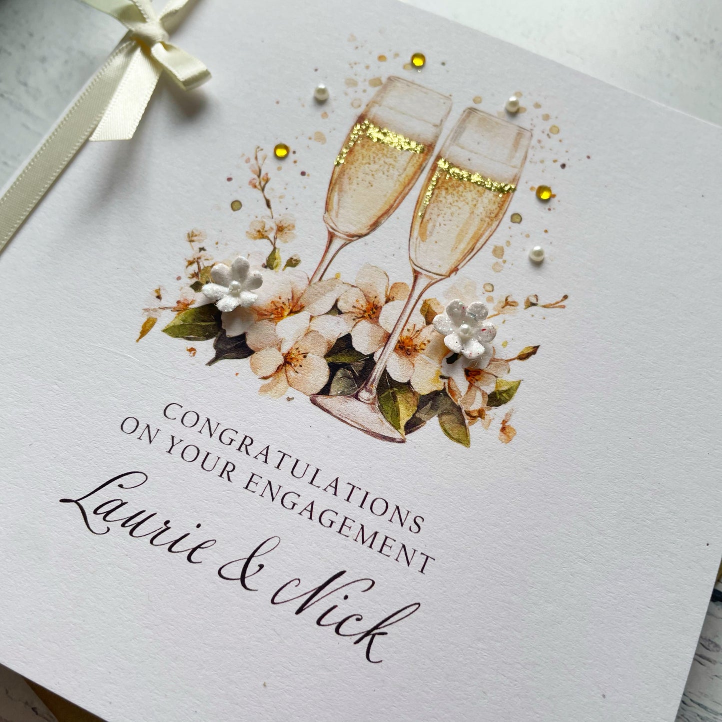 Handmade Engagement Card. Personalised. Romantic Champagne Flute Design.