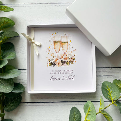 Handmade Engagement Card. Personalised. Romantic Champagne Flute Design.