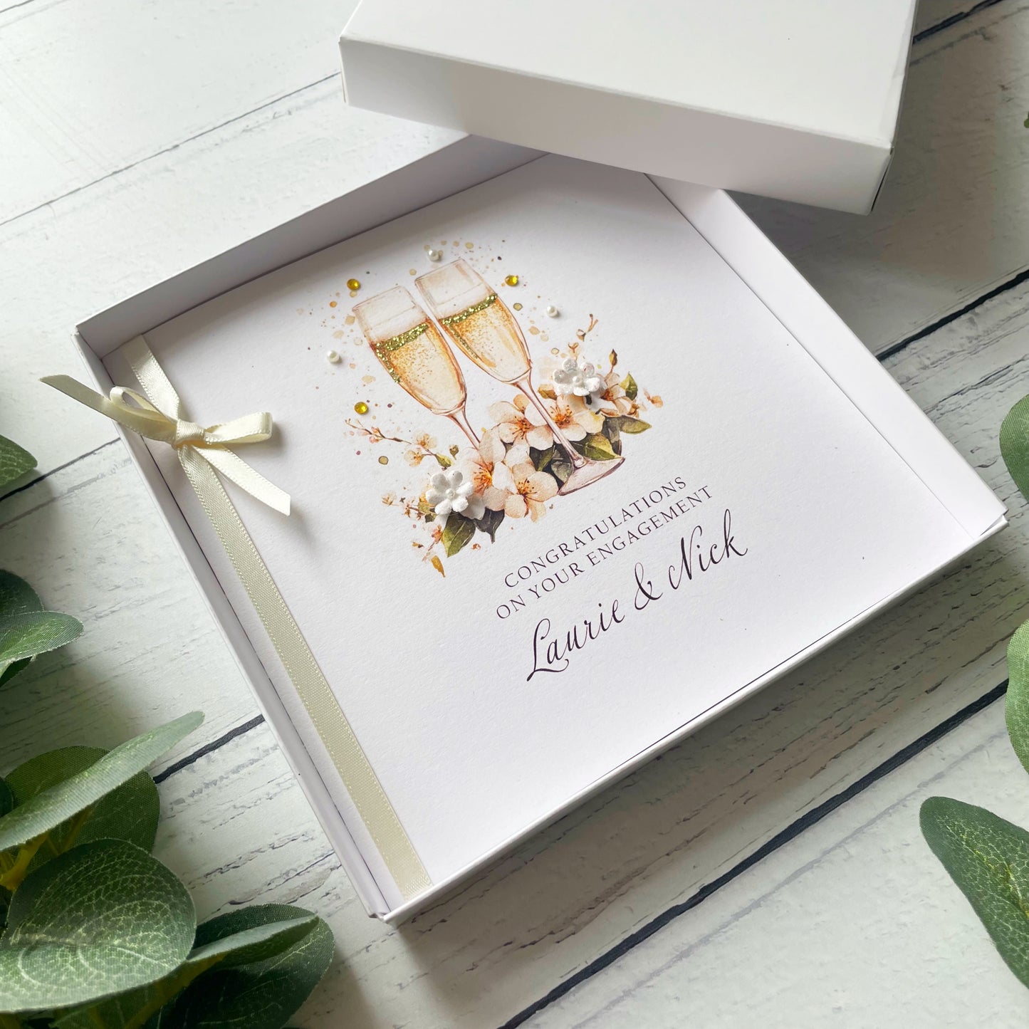 Handmade Engagement Card. Personalised. Romantic Champagne Flute Design.