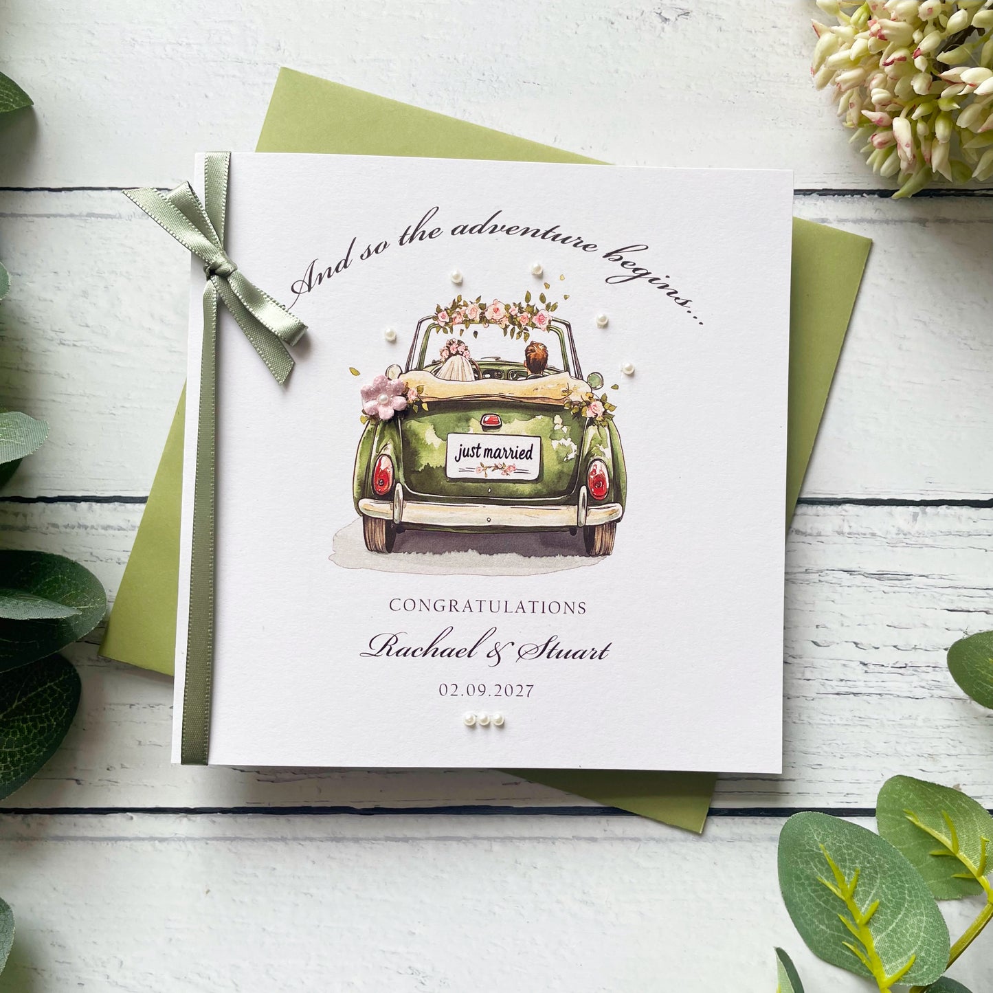 Personalised Wedding Card: Handmade Car Design with Paper Flowers
