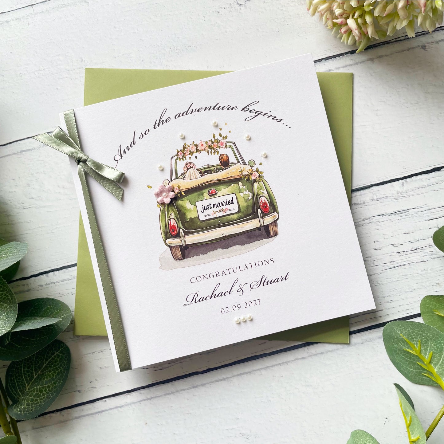 Personalised Wedding Card: Handmade Car Design with Paper Flowers
