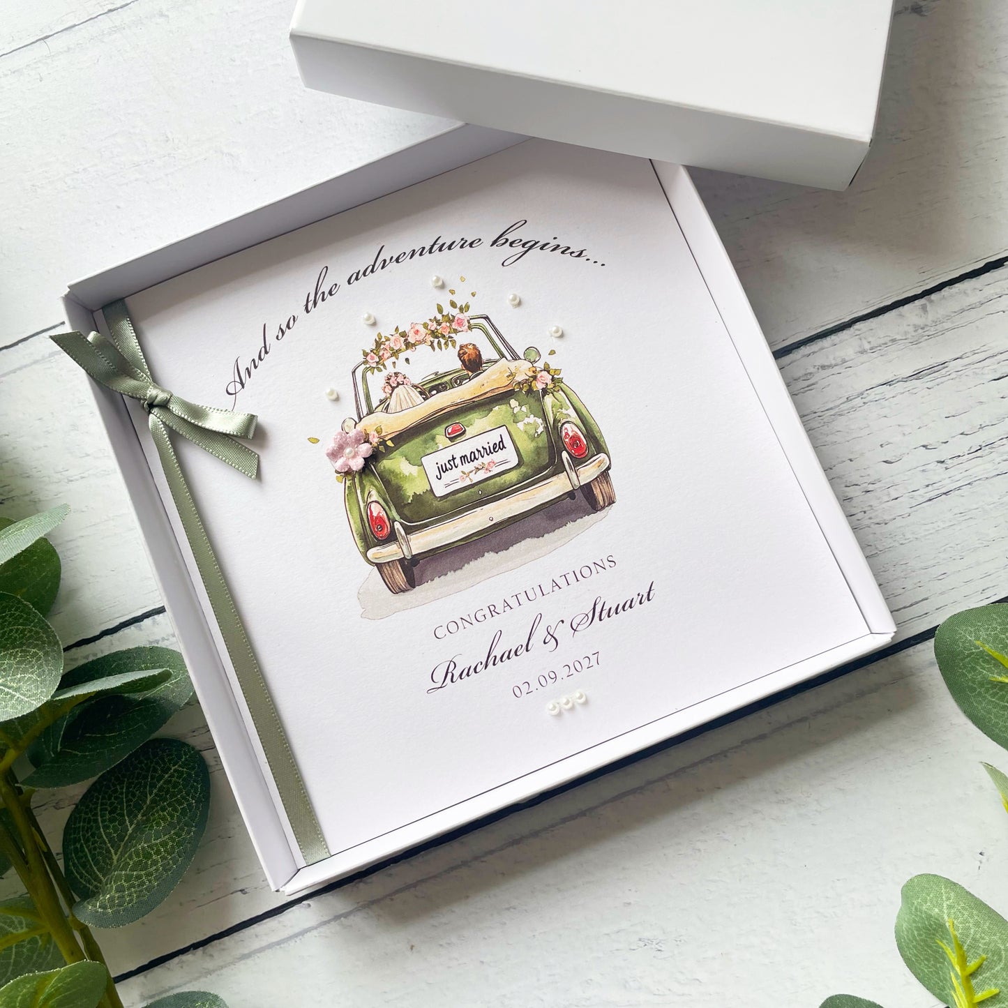 Personalised Wedding Card: Handmade Car Design with Paper Flowers