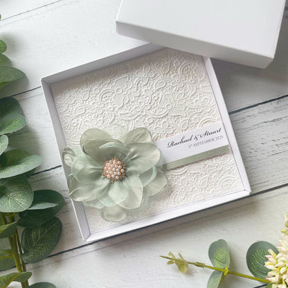 Sage Green Flower Wedding Card - Personalised