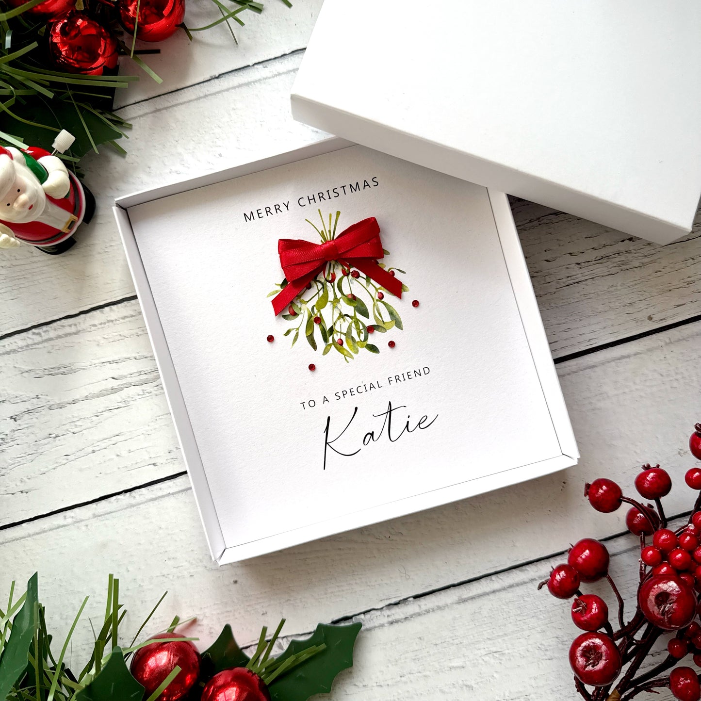 Personalised Friend Christmas Card - Hand Finished Mistletoe Design