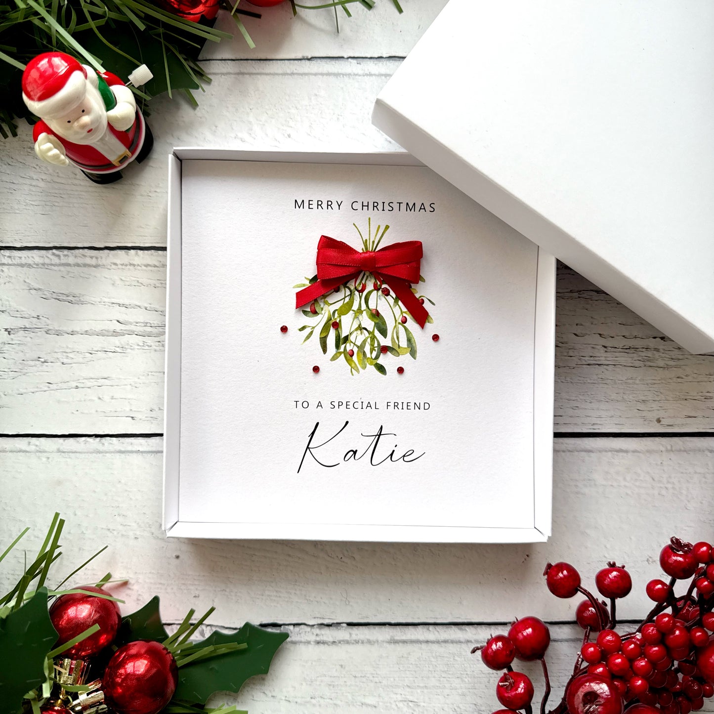Personalised Friend Christmas Card - Hand Finished Mistletoe Design