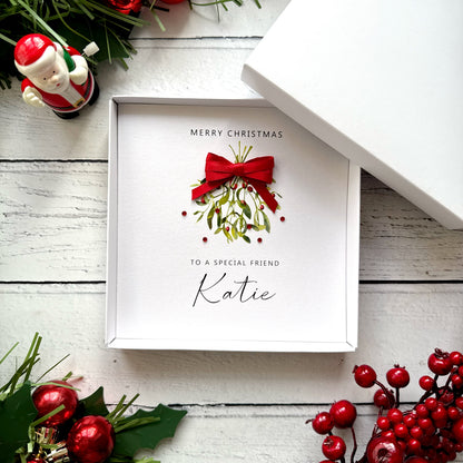 Personalised Friend Christmas Card - Hand Finished Mistletoe Design