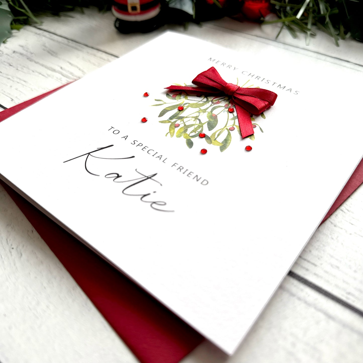 Personalised Friend Christmas Card - Hand Finished Mistletoe Design