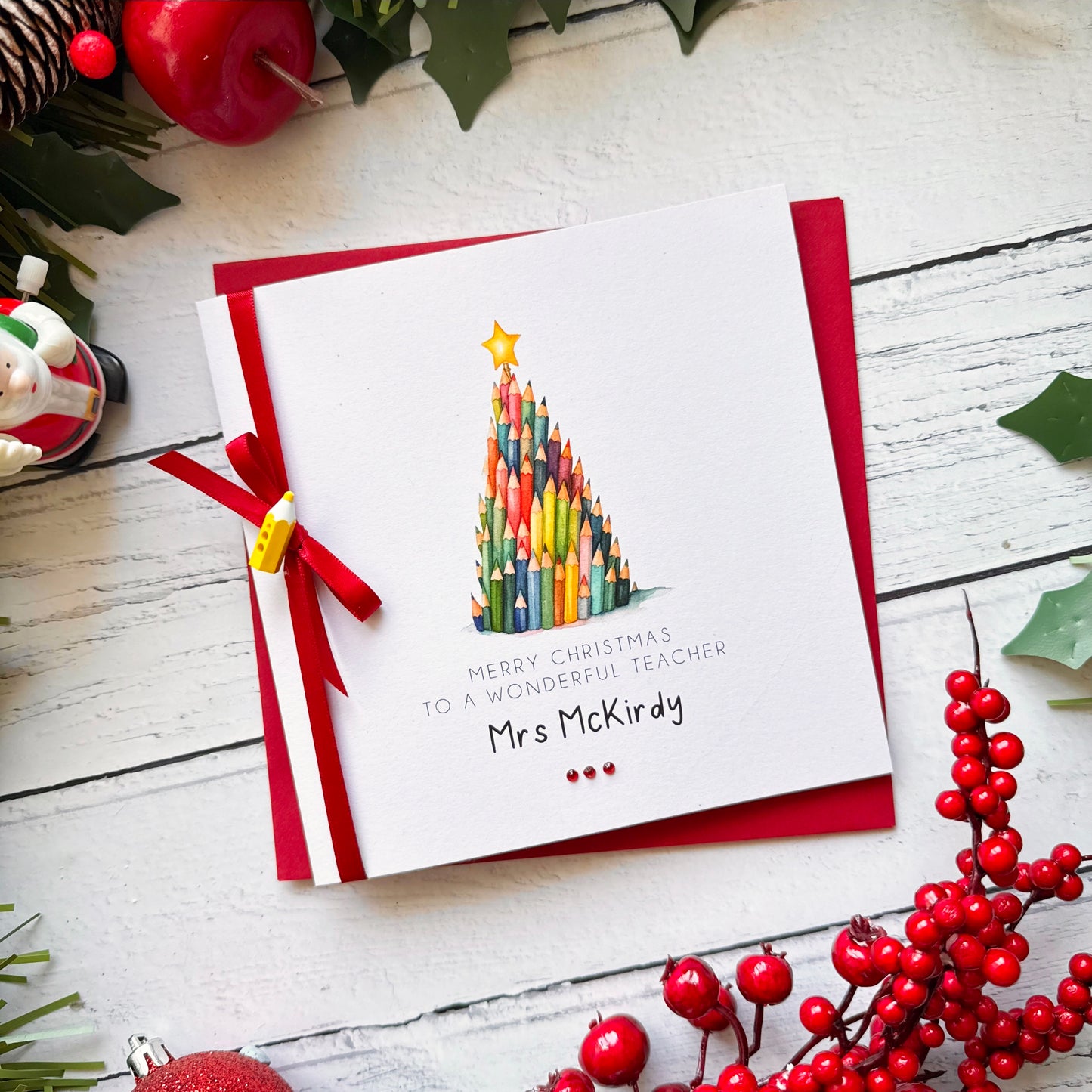 Handmade Teacher Christmas Card, Personalised. Teacher or Teaching Assistant