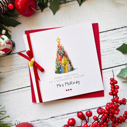 Handmade Teacher Christmas Card, Personalised. Teacher or Teaching Assistant