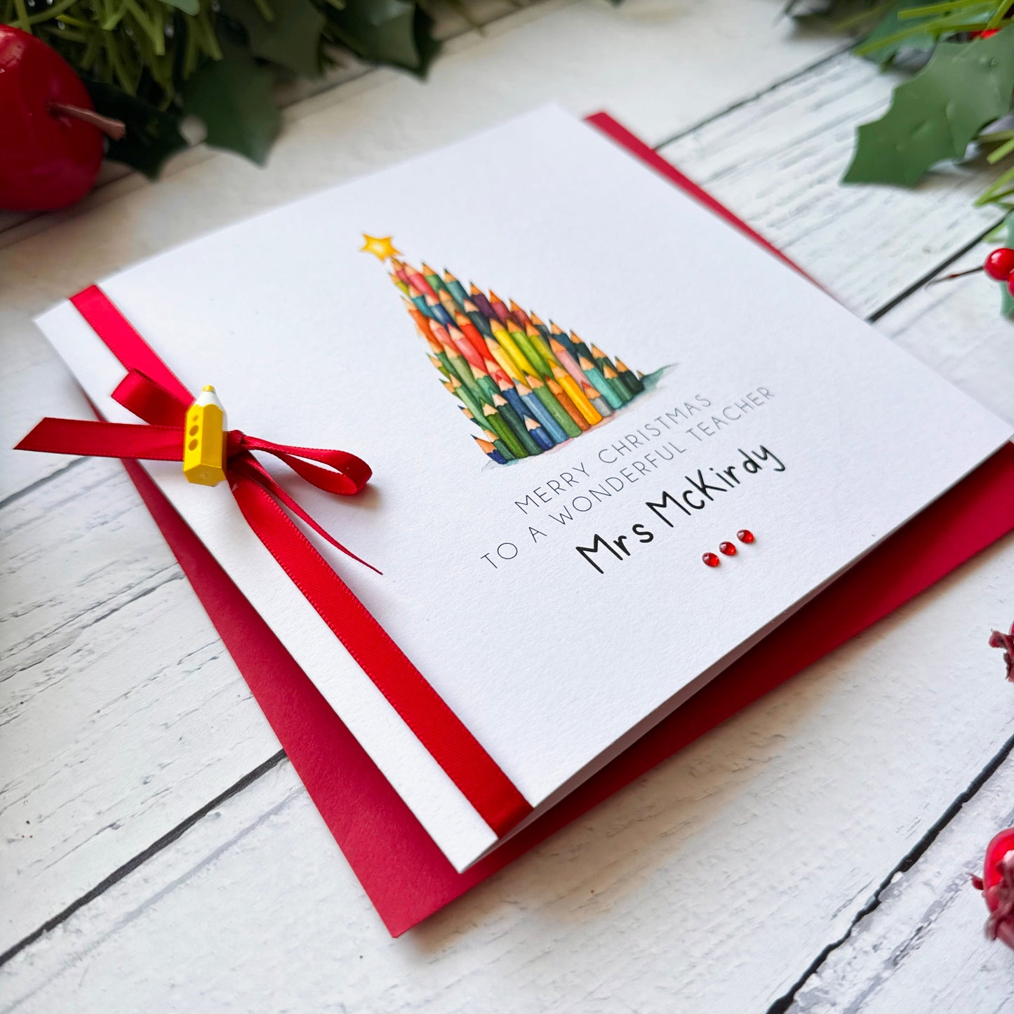 Handmade Teacher Christmas Card, Personalised. Teacher or Teaching Assistant