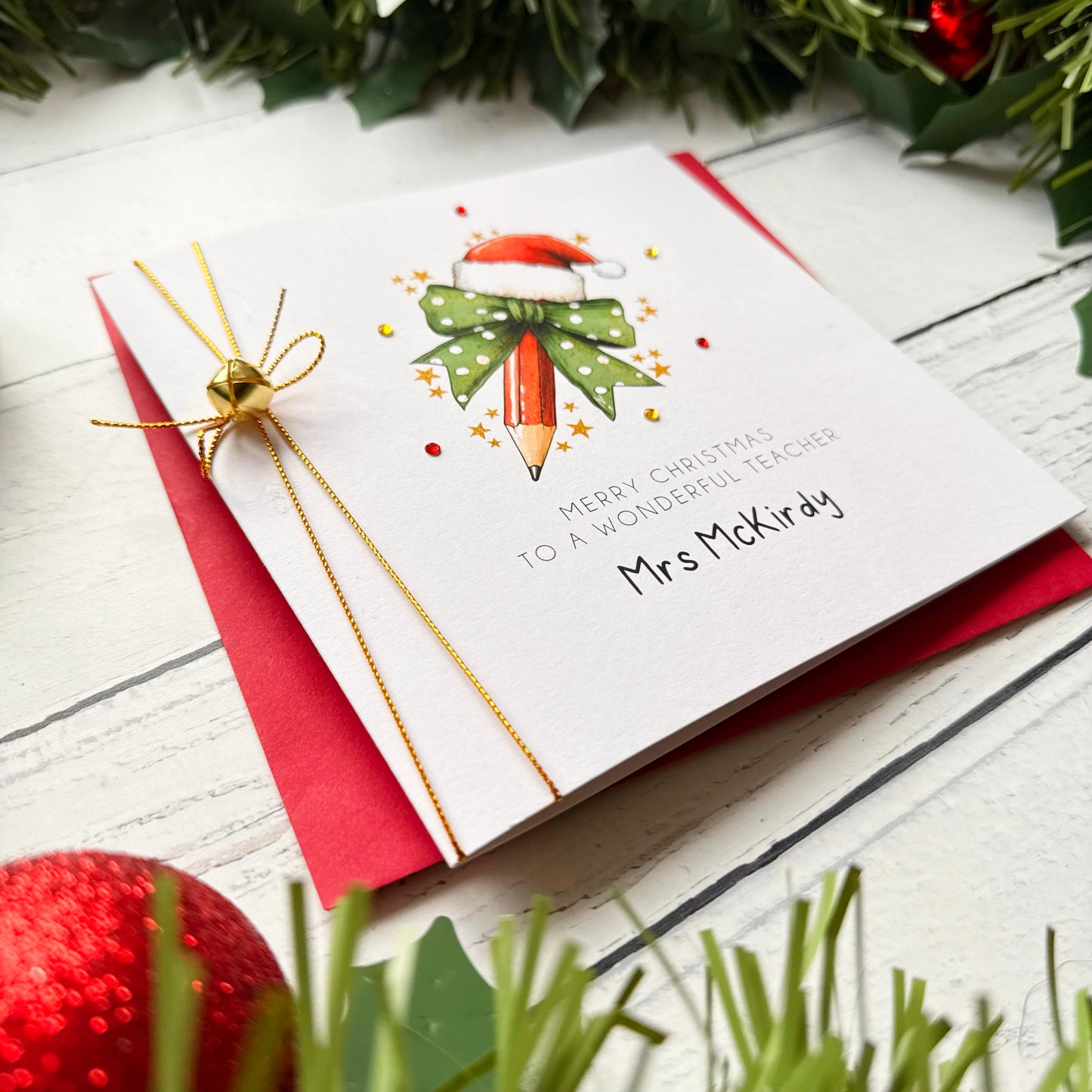 Handmade Teacher Christmas Card, Personalised. Teacher or Teaching Assistant