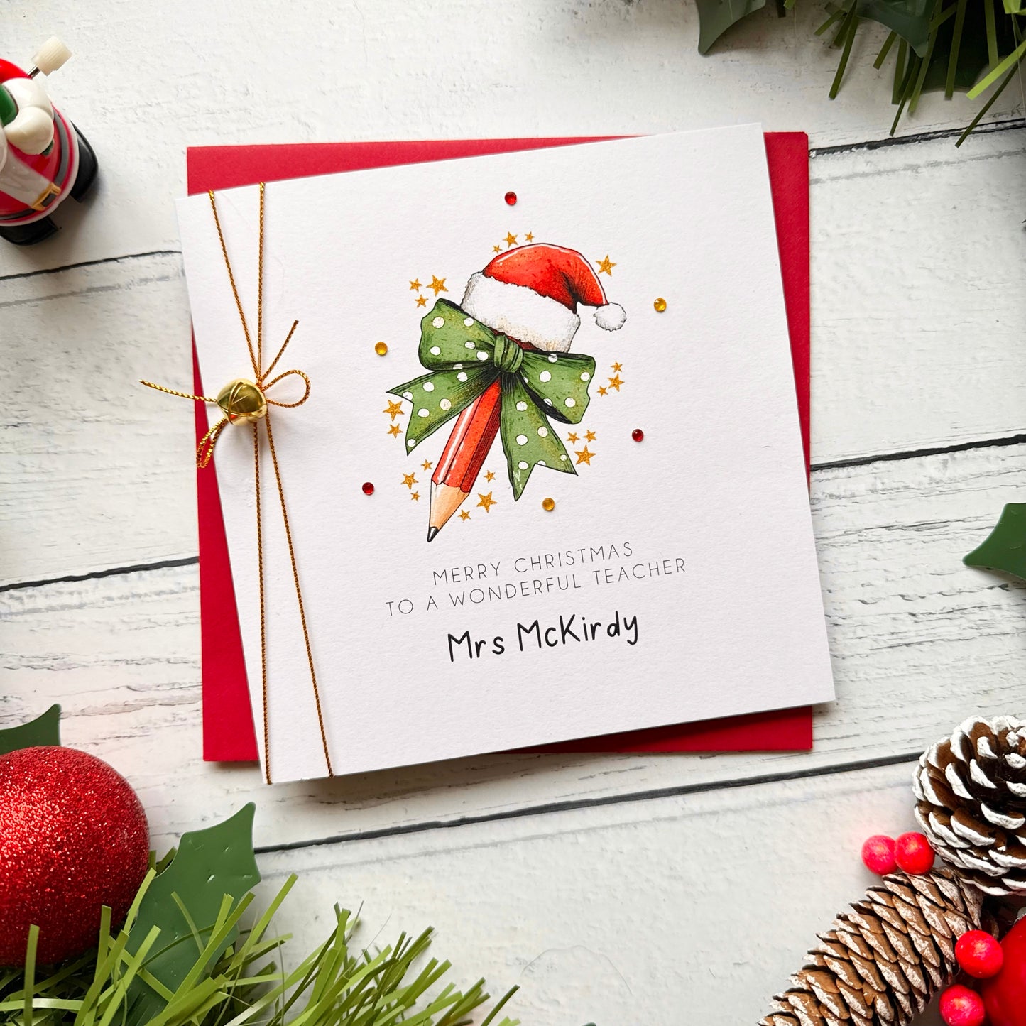 Handmade Teacher Christmas Card, Personalised. Teacher or Teaching Assistant