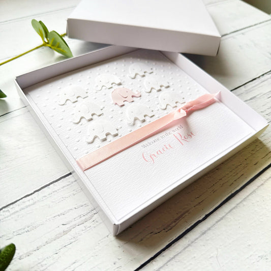 Personalised Handmade Elephant New Baby Girl Card