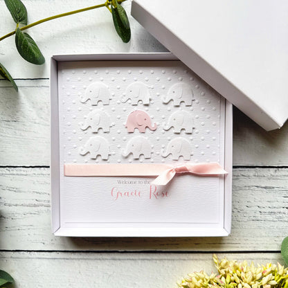 Personalised Handmade Elephant New Baby Girl Card