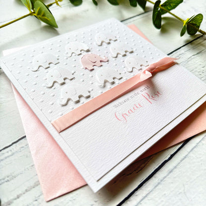 Personalised Handmade Elephant New Baby Girl Card