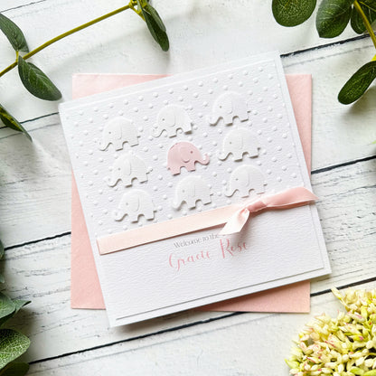 Personalised Handmade Elephant New Baby Girl Card