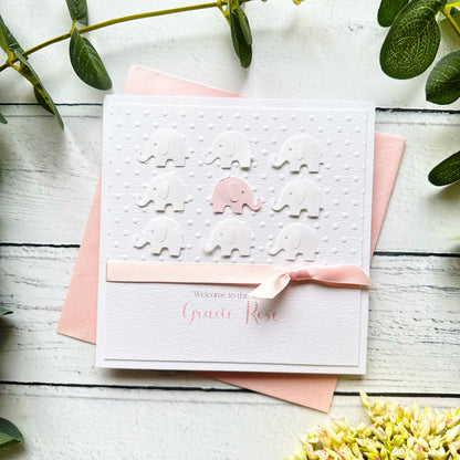 Personalised Handmade Elephant New Baby Girl Card