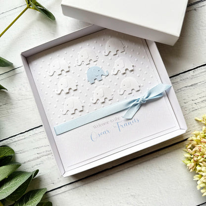 Personalised Handmade Elephant New Baby Boy Card