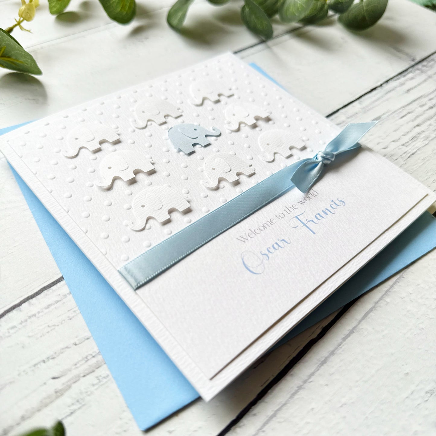 Personalised Handmade Elephant New Baby Boy Card