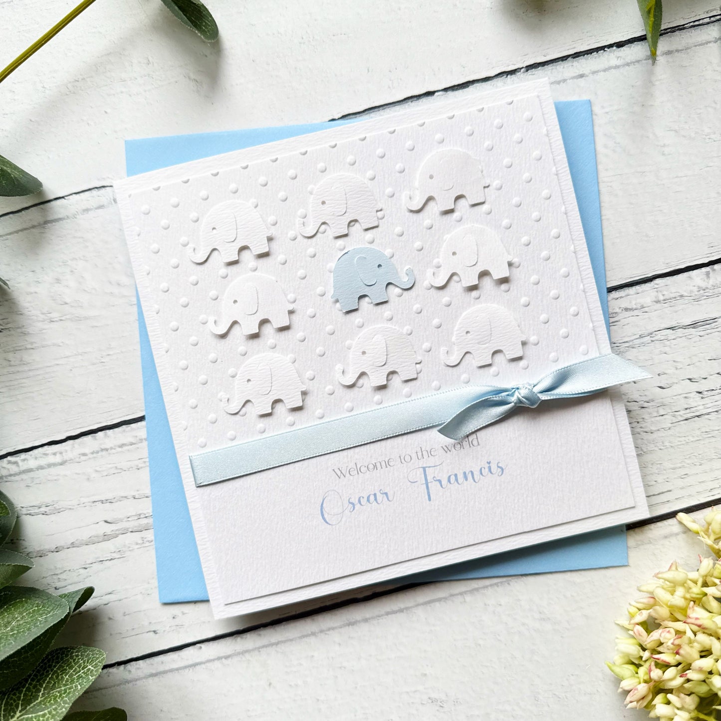 Personalised Handmade Elephant New Baby Boy Card