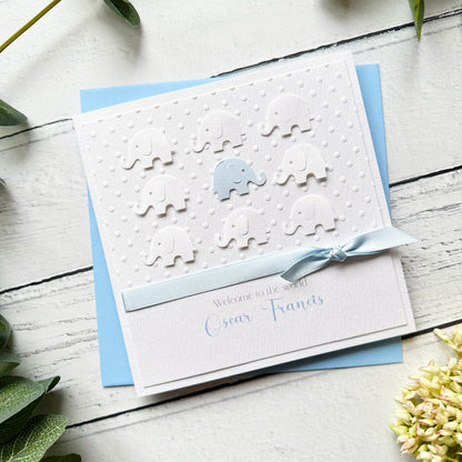 Personalised Handmade Elephant New Baby Boy Card
