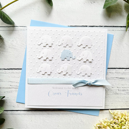 Personalised Handmade Elephant New Baby Boy Card