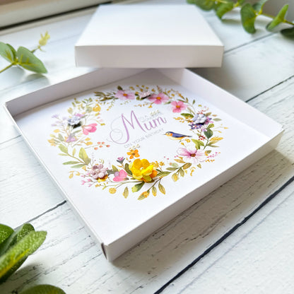 Personalised Mum Floral Wreath Birthday Card, In Lilac & Yellow