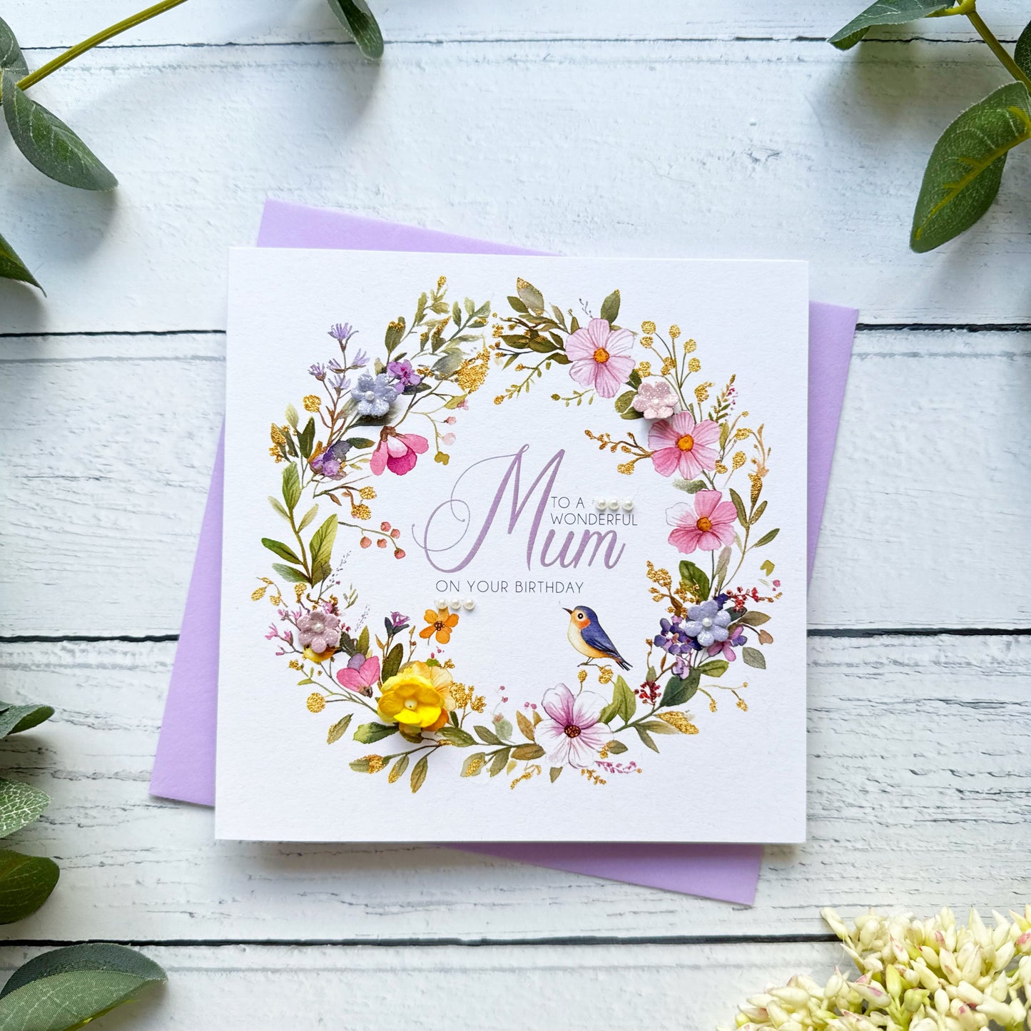 Personalised Mum Floral Wreath Birthday Card, In Lilac & Yellow