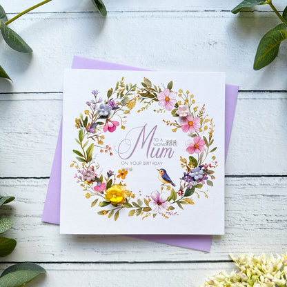 Personalised Mum Floral Wreath Birthday Card, In Lilac & Yellow