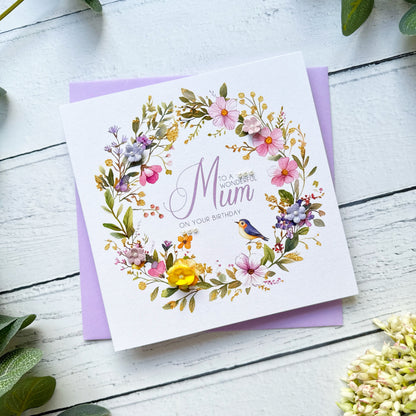 Personalised Mum Floral Wreath Birthday Card, In Lilac & Yellow