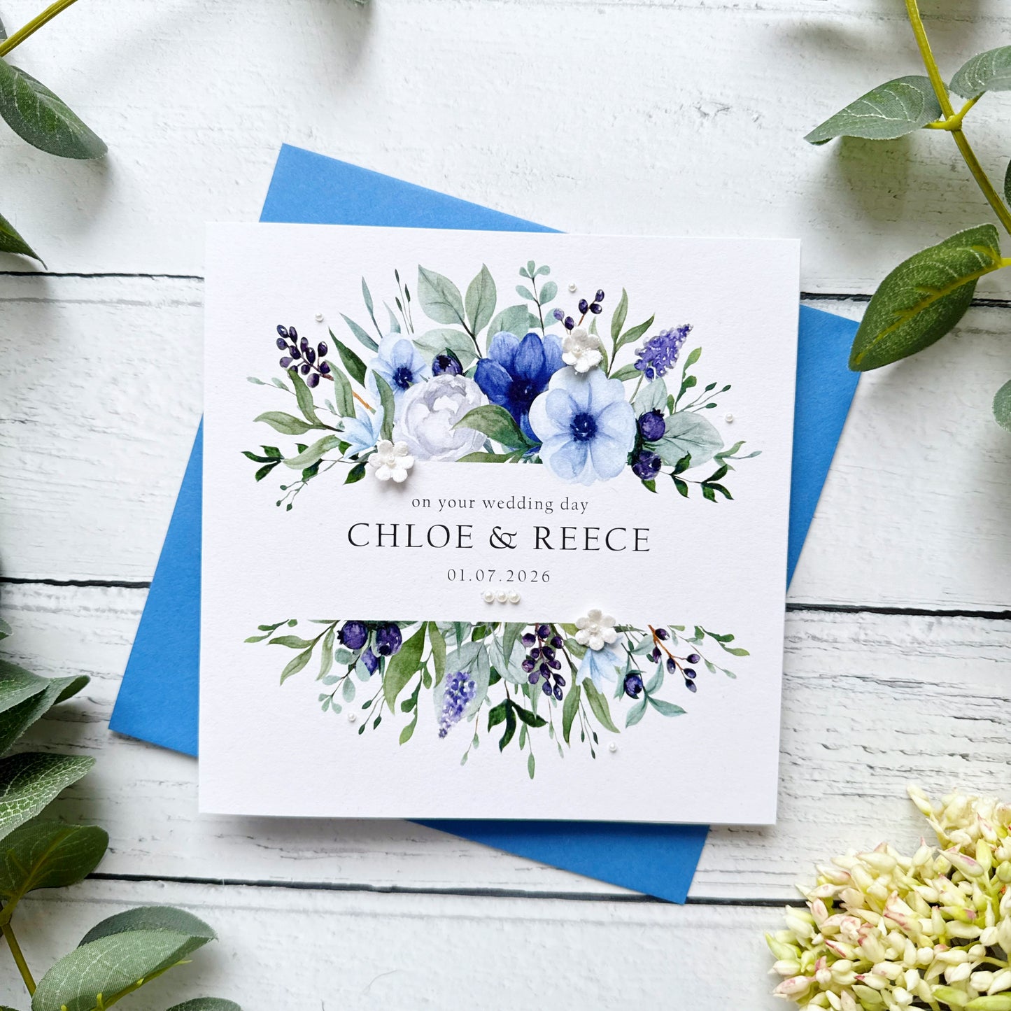 Handmade Wedding Card - Blue Floral Frame Design