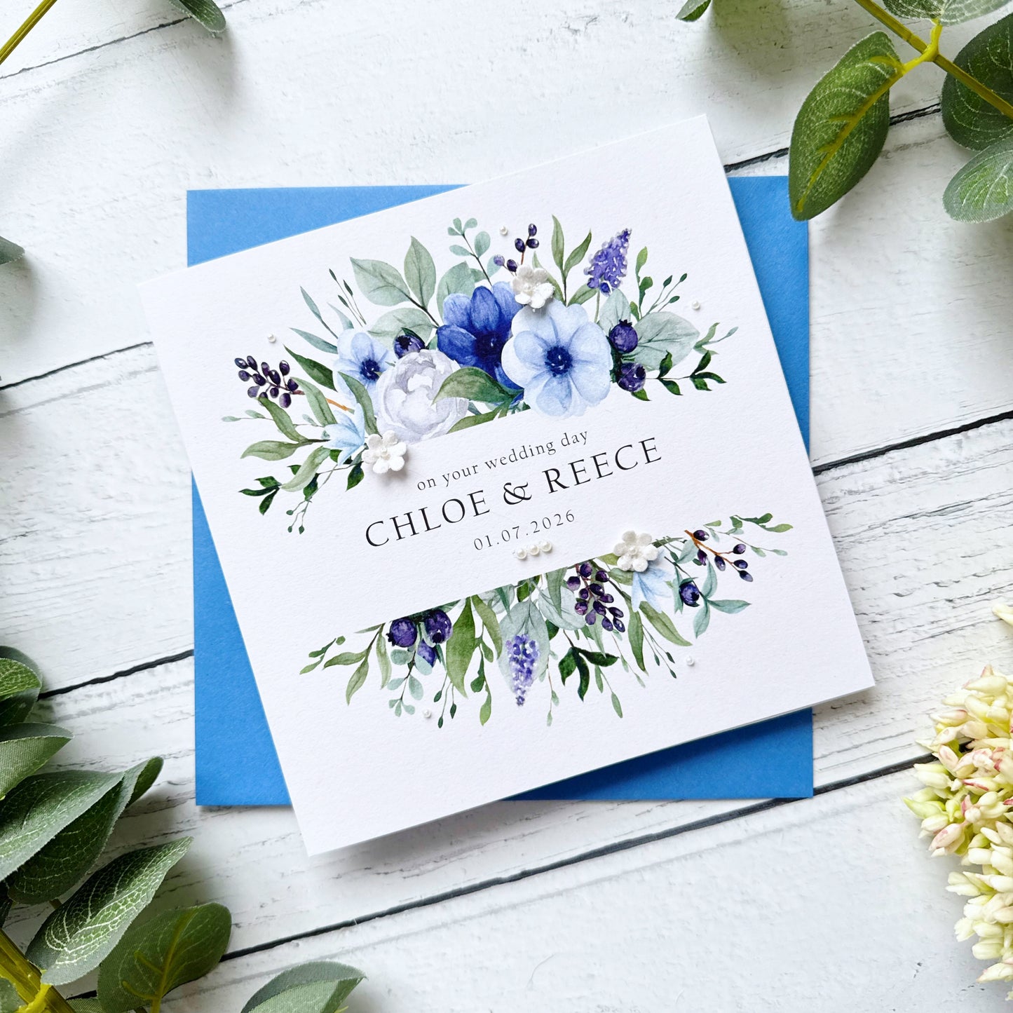 Handmade Wedding Card - Blue Floral Frame Design