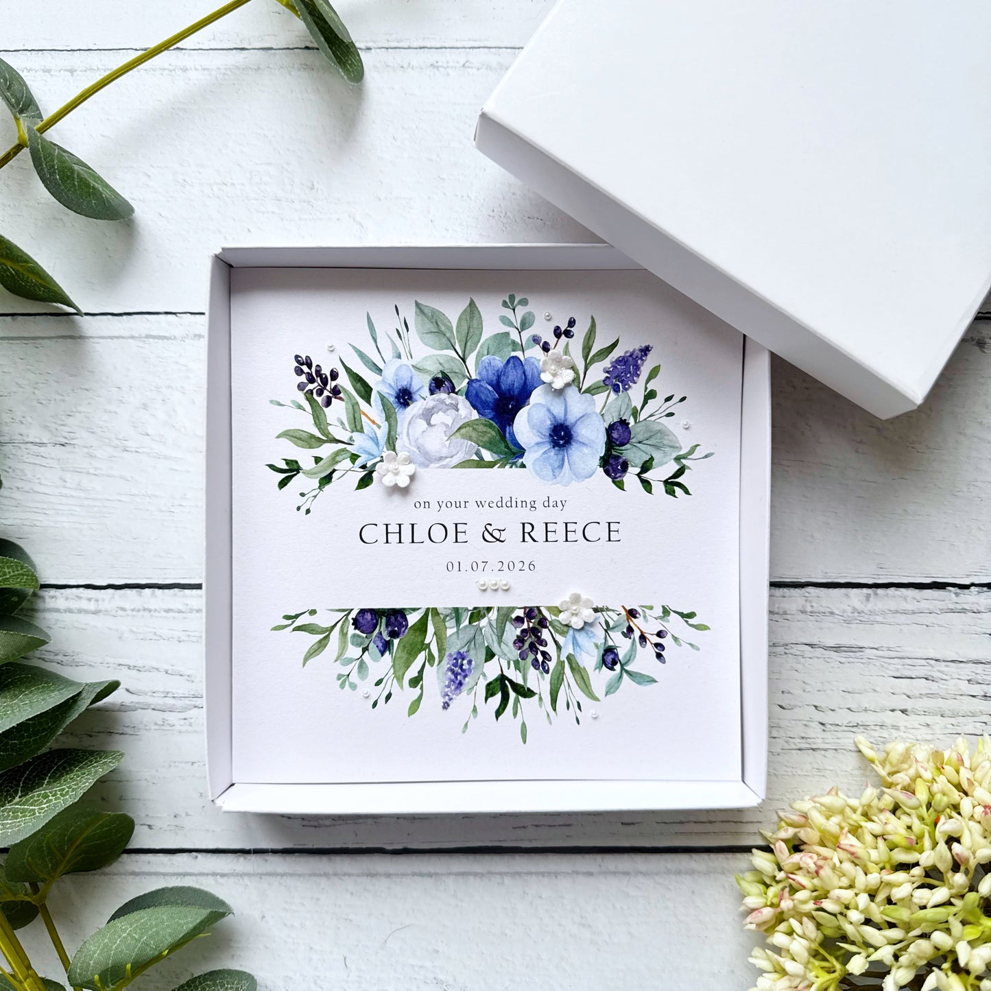 Handmade Wedding Card - Blue Floral Frame Design