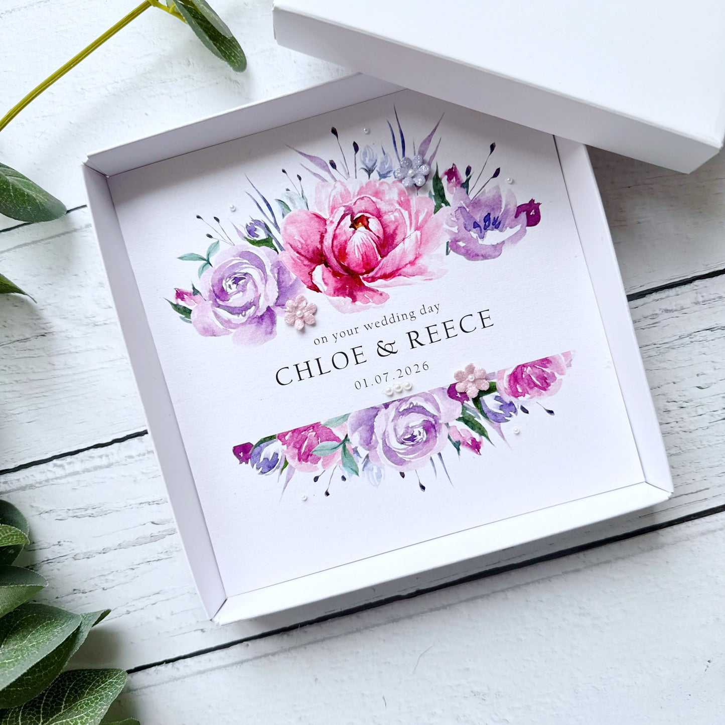 Handmade Wedding Card - Pink and Purple Floral Frame Design