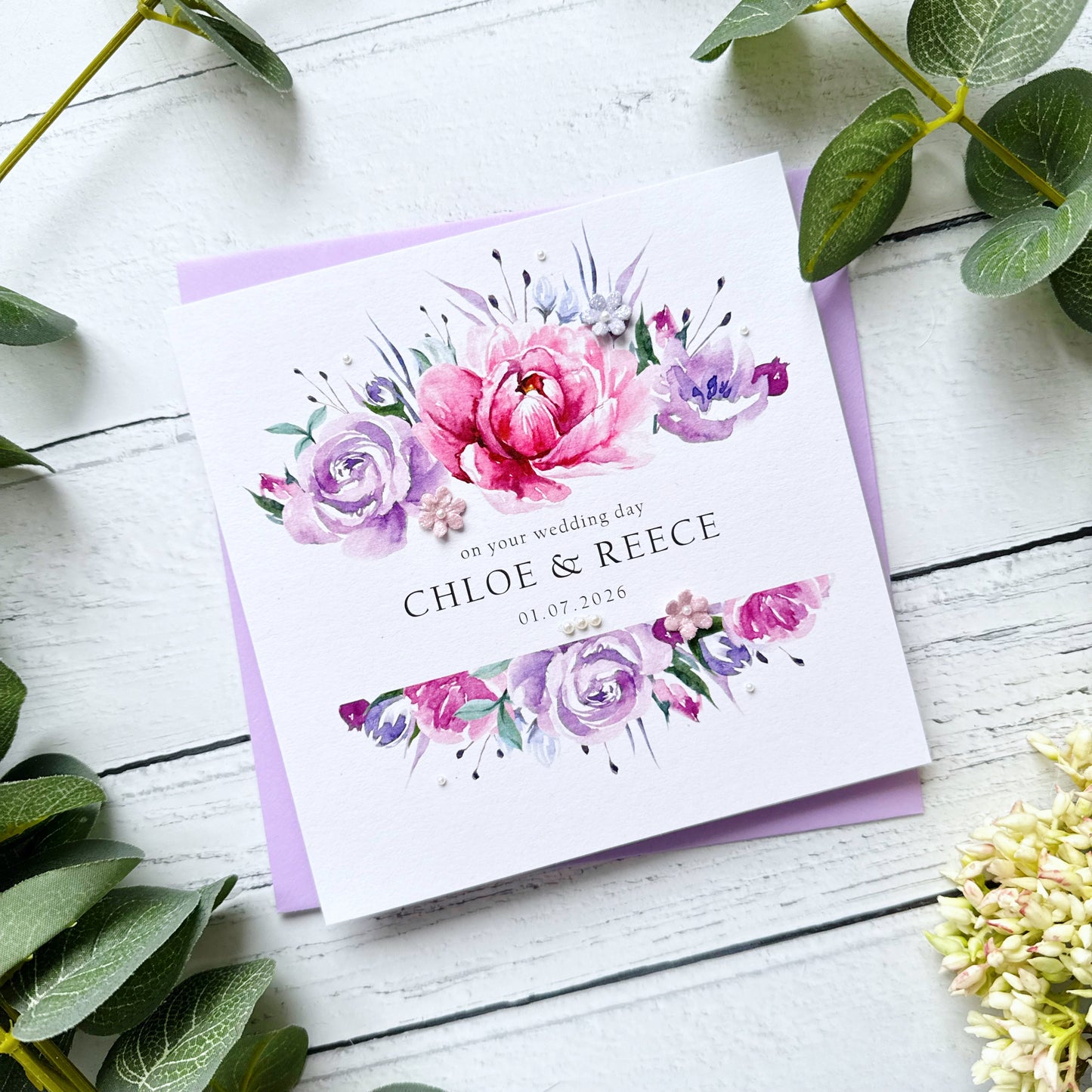 Handmade Wedding Card - Pink and Purple Floral Frame Design